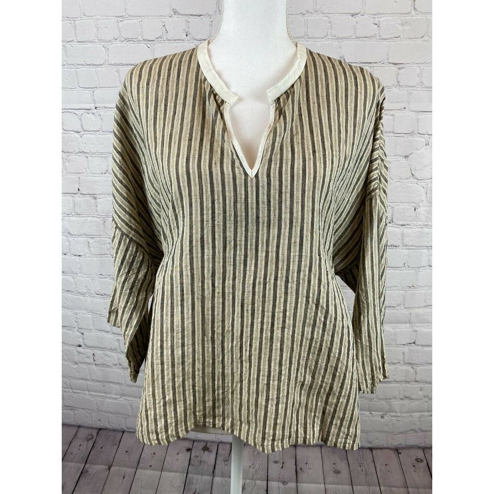 VLAS BLOMME linen striped kimono boho lagenlook tunic blouse size F Japan NWOT